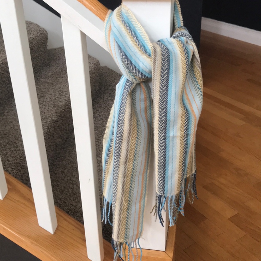 Gorgeous Vintage Scarf Herringbone/Striped Tan / Blue Made in Germany Excellent